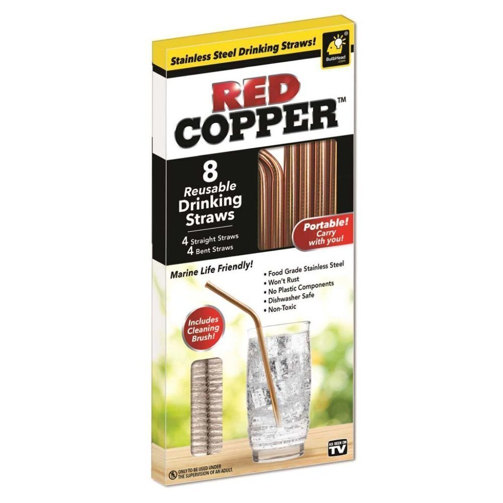 AS SEEN ON TV RED COPPER 8 PC REUSABLE STRAWS W/CLEANING BRUSH (NEW WITH TAGS)